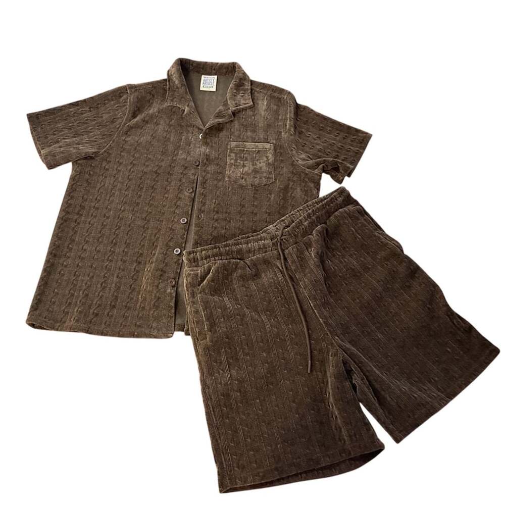 Maison Article Chenille Short Sleeve Shirt And Shorts Set Brown